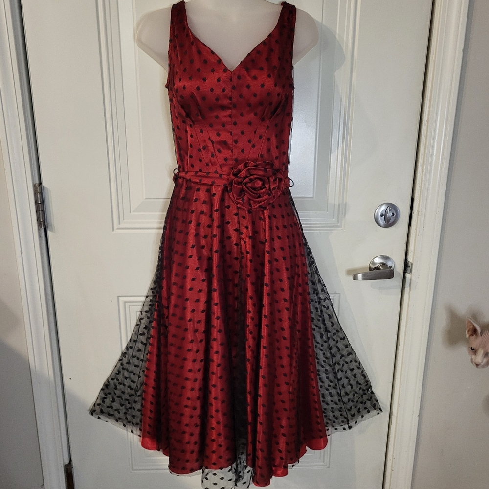 stop staring red black mesh polka dot swing dress pin up girl rockabilly y2k Med
